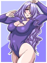 1girls bare_thighs breasts camilla_(fire_emblem) cleavage female female_only fire_emblem fire_emblem_fates grin hair_over_one_eye inabakun00 large_breasts leotard long_hair nintendo pink_eyes purple_hair simple_background smile solo thighs very_long_hair