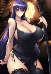 1girls bangs bare_shoulders big_breasts breasts cleavage collarbone haganef hair highschool_of_the_dead hourglass_figure huge_breasts looking_at_viewer neutral_expression nipple_bulge nipples purple_hair ripped_clothing saeko_busujima sideboob solo standing stockings sword thick_thighs uncensored wide_hips