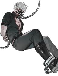 angry arms_behind_back blood boots chain_leash chained chains defeated fully_clothed gintama gintoki_sakata male male_only muzzle_(object) open_shirt popped_collar restrained shackles silver_hair solo