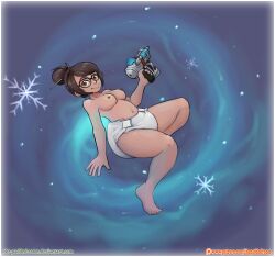 2d_(artwork) barefoot blizzard_entertainment breasts brown_eyes clean_diaper cute diaper diaper_only glasses gun human mei_(overwatch) microsoft nipples overwatch thepaddedroom thick_thighs topless