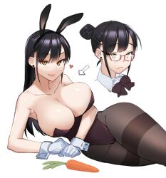 1girls 2019 animal_ears armpits backless_outfit black_hair blush bow bowtie breasts bunny_ears closed_mouth collarbone cone_hair_bun earrings fake_animal_ears furrowed_brow glasses gloves hair_bun heart highleg highleg_leotard highres jewelry large_breasts leotard lipstick long_hair lying makeup multiple_views on_side orange_eyes original pantyhose playboy_bunny semi-rimless_eyewear sharp_teeth sigma_2018 simple_background single_hair_bun smile strapless stud_earrings teeth tied_hair v-shaped_eyebrows white_background white_gloves wing_collar wrist_cuffs