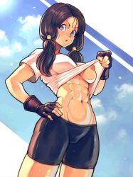 1girls abs babus_games big_breasts bike_shorts black_hair blue_eyes braless breasts cameltoe casual clothing dragon_ball female fingerless_gloves human long_hair muscular_female navel nipples no_bra one_breast_out pale_skin pussy_visible_through_clothes shirt_lift shorts solo sportswear sweat sweat_fetish sweaty sweaty_body tagme twintails underboob videl