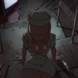 1girls 2d 2d_animation animated blood breasts bubble_head_nurse cameltoe cleavage faceless_female horror knife legs_over_head mizu_wolf monster_girl no_sound non-human nurse_(silent_hill) nurse_uniform on_back on_the_floor panties posing pov sexually_suggestive shorter_than_10_seconds shorter_than_30_seconds silent_hill silent_hill_2 solo thighs tv twistedgrim video