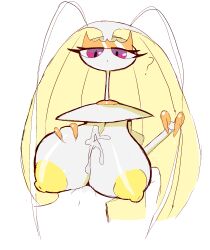 ? big_breasts cum cum_between_breasts cum_on_breasts eks-out faceless_male huge_breasts insect_humanoid looking_at_partner lower_body paizuri pheromosa pokémon_(species) pokemon pokemon_(species) puffy_nipples purple_eyes titjob white_body yellow_hair