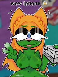 blush blushing breasts cat_ears cat_india catgirl countryhumans countryhumans_girl deltahyo english_text female green_body green_skin india_(countryhumans) iphone orange_hair text words