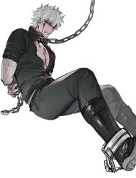 angry arms_behind_back blood boots chain_leash chained chains clenched_teeth defeated fully_clothed gintama gintoki_sakata male male_only open_shirt popped_collar restrained shackles silver_hair solo