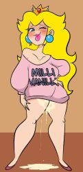 1girls big_breasts blonde_hair blue_eyes cum cum_on_thighs cumdrip english_text huge_breasts light-skinned_female light_skin long_hair looking_at_viewer mario_(series) nintendo pixelzsinful princess_peach super_mario_bros. sweater text the_super_mario_bros._super_show! thick_thighs voluptuous