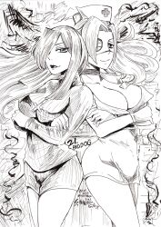 buckle buckle_choker choker eye_patch huge_breasts inktober monochrome nousk one_eye_covered parasoul skullgirls valentine_(skullgirls) yuri