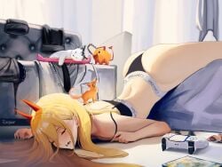 1girls ass blonde_hair bubble_butt calvin_klein chainsaw_man come_over_here_and_kiss_me_on_my_hot_mouth demon_girl demon_horns female female_focus fox_devil_(chainsaw_man) horizon_forbidden_west horns imminent_gaming light-skinned_female meowy_(chainsaw_man) playstation playstation_5 playstation_controller pochita_(chainsaw_man) power_(chainsaw_man) rasipan sfw shounen_jump sleeping underwear