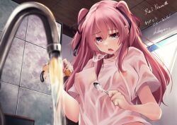 1girls alien_girl clothed iku_hoshifuri large_breasts pink_eyes pink_hair prism_project reinana sink translucent_clothing virtual_youtuber wet wet_clothes