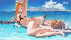 1girls absurd_res arm_up armpits ass barefoot bikini black_choker blonde_hair blue_sky bottle breasts choker chongsangjun cleavage closed_mouth cloud day detailed_background ear_piercing earrings feet female_focus floral_print fruit gyaru jewelry kitagawa_marin legs long_hair looking_at_viewer lying navel ocean on_side outdoors piercing red_eyes sandals sandals_removed shell sky smile solo sono_bisque_doll_wa_koi_wo_suru swimsuit thick_thighs