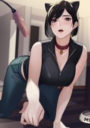 1girls absurdres all_fours animal_ears black_hair black_shirt blue_pants blush breasts brown_eyes cat_ears collar collared_shirt denim female female_focus highres indoors jeans kagematsuri large_breasts open_mouth original pants red_collar shirt sleeveless sleeveless_shirt solo_focus