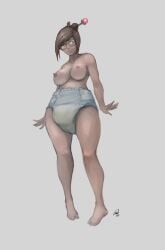 2d_(artwork) barefoot blizzard_entertainment breasts brown_hair diaper diaper_only gennhauhnarts glasses mei_(overwatch) microsoft nipples overwatch short_hair topless wet_diaper