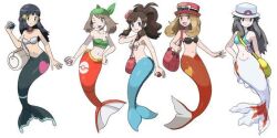 bandana bare_arms bare_midriff bare_shoulders belly_button bikini bikini_top black_bikini_top black_tail blonde_hair blue_hair blue_long_hair blue_tail brown_hair cleavage dawn_(pokemon) dive_ball flower_in_hair gray_hair green_bandana green_bikini_top hat hilda_(pokemon) leaf_(pokemon) long_blonde_hair long_brown_hair long_gray_hair long_hair may_(pokemon) may_(pokemon_emerald) mermaid mermaid_tail midriff navel necklace pearl_necklace pokeball pokemon pokemon_bw pokemon_dppt pokemon_rgby pokemon_rse pokemon_xy ponytail premier_ball red_hat red_pearl_necklace red_tail seashell_bra serena_(pokemon) serena_(pokemon_games) sunglasses_on_head thick_ponytail white_bikini_top white_hat white_tail