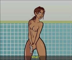 1girls ai_generated_voice ai_voice_acted animated bangs bathroom breaking_the_fourth_wall breasts brown_hair casual completely_nude covered_nipples covering covering_crotch dark_skin embarrassed embarrassed_nude_female english_dialogue english_subtitles female female_only firearm gun handgun human lara_croft lara_croft_(classic) mp4 naked nude ponytail pressing_breasts_together sound tanned text tomb_raider vgfm video voice_acted weapon