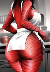 1girls 2023 ai_generated anthro apron ass ass_focus big_ass big_breasts big_butt black_hair bottomless bottomless_female breasts dragon female female_only functionally_nude functionally_nude_female kitchen maid maid_outfit maid_uniform naked_apron natural_armor red_body red_scales scales scalie scalieton self_upload stable_diffusion