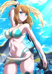 1girls arm_behind_head armpits beacxh big_breasts bikini blue_eyes breasts brown_hair busty cleavage eunie_(xenoblade) female female_only grin large_breasts legs looking_at_viewer mercury_xeno nintendo ocean pose posing sarong sensual smile solo sweat tagme thighs thong_bikini water xenoblade_(series) xenoblade_chronicles_3