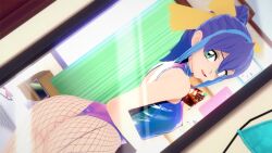 1girls ass blue_hair celina female female_only green_eyes koikatsu looking_at_mirror looking_back mirror open_mouth ribbon serena_(yu-gi-oh!_arc-v) smiling stockings swimsuit yu-gi-oh! yu-gi-oh!_arc-v