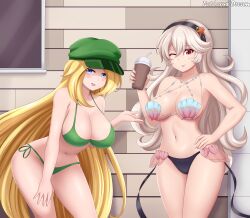 2girls alternate_costume bikini blonde_hair breasts corrin_(fire_emblem) corrin_(fire_emblem)_(female) corrin_(summer)_(fire_emblem)_(female) crossover female female_only fight'n_rage fire_emblem fire_emblem_cipher fire_emblem_fates looking_at_viewer nintendo official_alternate_costume one_eye_closed patdarux shell_bikini swimsuit tracy_(fight'n_rage)