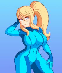 1girls blonde_hair blue_eyes bodysuit breasts chemical_bro female female_only huge_breasts metroid nintendo pinup samus_aran solo zero_suit zero_suit_samus