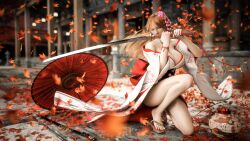 1girls 3d 3d_(artwork) absurdres autumn autumn_leaves breasts brown_eyes brown_hair cleavage dead_or_alive dead_or_alive_5 hair_ornament highres hxwxrf japanese_clothes kasumi_(doa) katana kimono lantern large_breasts long_hair matching_hair/eyes off_shoulder outdoors solo sword tecmo yukata