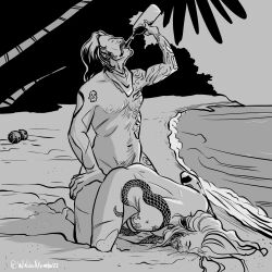 anal_sex beach beach_sex beard blackbeard body_hair bottle calico_jack drinking drunk drunk_sex edward_teach facial_hair gay long_hair_male male_only monochrome nude_male older_male our_flag_means_death pirate tattoos waldosakimbo yaoi