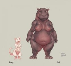 anthro barely_visible_genitalia barely_visible_pussy brown_body brown_breasts brown_pussy chubby_female common_hippopotamus duo duo_focus female front_view genitals glistening glistening_eyes grey_background grey_body grey_breasts group hippopotamid larger_female laser_(artist) mammal mouse mouth_closed murid murine nude open_mouth pussy rodent signature simple_background size_difference slightly_chubby smaller_female standing teeth thick_thighs white_body white_breasts white_pussy wide_hips