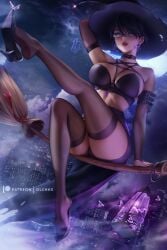 1girls 2020s 2022 artist_name artist_signature bayonetta bayonetta_(character) bayonetta_2 big_breasts black_hair breasts broom broom_riding glasses halloween large_breasts leg_up legs legwear olchas short_hair stockings thick_thighs thighs thunder_thighs thunderthighs witch witch_costume witch_hat