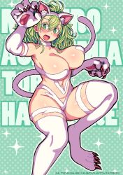 1girls armwear big_breasts breasts cat_paws darkstalkers felicia_(darkstalkers)_(cosplay) female female_only green_eyes green_hair hagakure_tooru_(visible) halloween huge_breasts large_breasts legwear long_hair my_hero_academia pale-skinned_female pale_skin pose revealing_clothes saltydanshark solo thick_thighs tooru_hagakure tooru_hagakure_(visible)