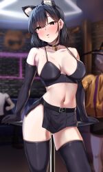 animal_ears ass_visible_through_thighs bangs bell belt black_hair blush bra breasts brown_eyes choker collarbone fake_animal_ears female highres jack_dempa large_breasts looking_at_viewer navel original parted_lips pussy_juice short_hair side_slit skirt solo_focus sweat thighhighs thighs underwear watanabe_ayasa_(jackdenpa)