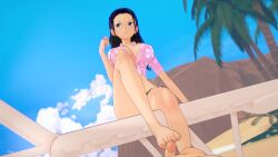 1boy 1girls 3d animated annoyed beach big_breasts bikini_bottom black_hair cleavage feet female foot_fetish footjob koikatsu large_breasts long_hair male nico_robin one_piece penis shirt tagme valperopero video