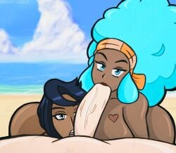 1boy 2girls afro aloe_(pokemon) beach biggy_deez black_hair blue_eyes blue_hair collaborative_fellatio dark-skinned_female dark_skin double_blowjob double_fellatio erection fellatio female ffm_threesome hairband interracial lenora_(pokemon) lipstick looking_at_viewer male multiple_girls nintendo olivia_(pokemon) oral pale-skinned_male penis pokemon pokemon_bw pokemon_sm queen_of_hearts teamwork threesome uncensored unseen_male_face