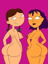 2girls ass braided_hair breasts brown_hair clintbracey crossover dark-skinned_female dark_skin female female_only hands_on_hips hey_arnold! light-skinned_female light_skin lila_sawyer looking_at_viewer looking_back multiple_girls nickelodeon nipples nude purple_hair regina_rocket rocket_power