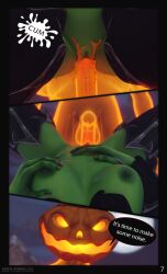 1boy 1girls 3d blizzard_entertainment comic comic_page cum cum_in_pussy english_text female green_eyes green_skin nativestudio orange_body page_7 plant_humanoid pumpkin pumpkin_head pumpkinhead tagme warcraft witch world_of_warcraft