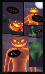 1boy 1girls 3d blizzard_entertainment comic comic_page english_text female green_eyes green_skin nativestudio orange_body page_4 plant_humanoid pumpkin pumpkin_head pumpkinhead tagme warcraft witch world_of_warcraft