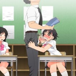 1boy 1girls 2girls aomizuan big_penis black_hair brown_eyes censored cheek_bulge classroom cock_hungry cute deepthroat deepthroat_hug fast fast_thrusts fringe gag gagging imminent_deepthroat large_breasts manga medium_hair nipples oral oral_sex original_character school_uniform schoolgirl surprise_deepthroat teacher_and_student tears teenager throat_fuck ti_jiyuugyou tight_throat unprofessional_behavior yellow_eyes young