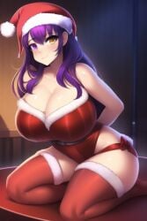 1girls ai_generated bow christmas christmas_outfit female female_only gigantic_breasts heterochromia holidays huge_ass huge_breasts large_ass large_breasts miako_blodeuwydd purple_eyes purple_hair slut slutty_outfit stripper stripper_pole virtual_youtuber vtuber yellow_eyes