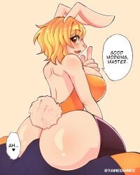 1boy 1girls anthro big_ass big_breasts blonde_hair bulge bunny_girl carrot_(one_piece) english_text female lagomorph looking_back male mink one_piece penis rabbit sitting_on_lap tamedanee text thighhighs white_fur