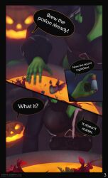 1boy 1male blizzard_entertainment comic comic_page english_text female green_eyes green_skin nativestudio page_3 pumpkin pumpkinhead warcraft witch world_of_warcraft