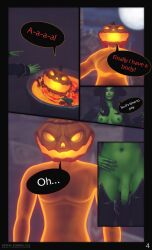 1boy 1futa 3d blizzard_entertainment comic comic_page futanari green_eyes green_skin male nativestudio orange_body plant_humanoid pumpkin pumpkin_head pumpkinhead self_upload warcraft witch world_of_warcraft