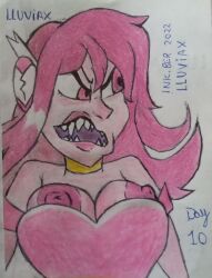 breasts female female_only inktober lluviax miss_heed_(villainous) pink_body pink_hair pink_nipples traditional_media_(artwork) villainous villanos