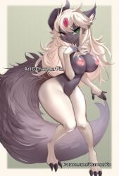 absol anthro brown_body brown_fur charmerpie claws female fur gem generation_3_pokemon hair heterochromia hi_res horn nintendo nipples pink_nipples pokemon pokemon_(species) solo video_games white_body white_fur white_hair