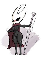 2021 absurd_res alpha_channel anthro arthropod black_body blush breasts cloak cloak_only clothing ebvert fecharis female full-length_portrait genitals hi_res holding_object holding_weapon hollow_knight hornet_(hollow_knight) portrait pussy simple_background solo team_cherry transparent_background video_games weapon wide_hips