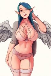 1girls 2d 2d_(artwork) angel_wings big_breasts blue_eyes blue_hair breasts commentary elf elf_ears female highres lingerie lips nose original raichiyo33 smile solo standing wings