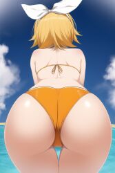 1girls ai_generated ass ass_focus back_view big_ass bikini bikini_bottom blonde_hair female female_only gluteal_fold hair_ribbon kagamine_rin nai_diffusion orange_bikini_bottom rear_view round_ass sea sky solo stable_diffusion standing thick_thighs thigh_gap thighs vocaloid