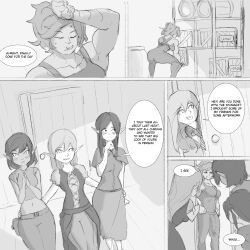 1futa 2022 3girls anticipation before_sex blush bulge clothed clothing comic creejo dark-skinned_female dark_skin dialogue elf elf_female english_text fantasy female foursome fully_clothed futanari huge_cock imminent_sex inside lifting_crates light-skinned_female light_skin monochrome nervous orc orc_futanari penis right_to_left size_difference speech_bubble standing store_room text