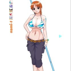 1girls animated big_breasts bikini brown_eyes crouching cum dildo f-series female female_only flying_tree_frog highres moaning music nami one_piece orange_hair panties pants pants_down pants_pulled_down pose posing pre-timeskip resized sandals sex_toy short_hair shorter_than_30_seconds solo sound squatting standing swf tagme tattoo undressing vaginal_penetration video