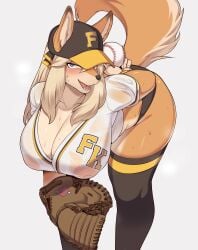 anthro baseball_(ball) baseball_cap baseball_uniform big_breasts blonde_hair breasts cap cervina7_(artist) female fox fox_ears fox_girl fox_tail furry hat huge_breasts looking_at_viewer naughty_face original original_character pose see-through short_shorts solo sweat teasing thighhighs