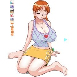 1girls animated barefoot big_breasts brown_eyes cum dildo f-series feet female female_only flying_tree_frog highres missionary_position moaning music nami one_piece orange_hair panties panties_aside pose posing pre-timeskip resized sex_toy short_hair shorter_than_30_seconds sitting skirt solo sound swf tagme tank_top tattoo vaginal_penetration video