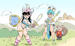 1boy 2girls armor artist_name athletic athletic_female big_breasts bikini_armor bimbo black_hair blue_hair breasts bulma_briefs busty chichi chichi's_armor chichi's_helmet cleavage cleric dark_hair dragon_ball dragon_ball_super dragon_ball_z eyebrows eyelashes eyes fantasy female fighter fit fit_female funsexydragonball hair hips hourglass_figure large_breasts legs light-skinned_female light_skin lips mature mature_female milf oolong pig princess royalty rpg short_hair shounen_jump staff thick thick_ass thick_legs thick_thighs thighs voluptuous wide_hips wife